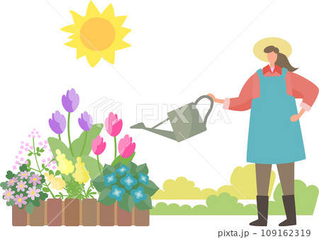 ジョウロで寄せ植えの花に水をやる女性 109162319