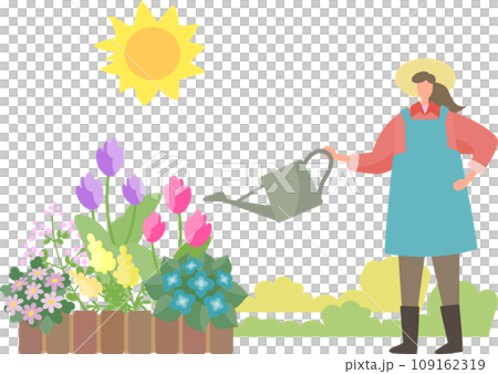 ジョウロで寄せ植えの花に水をやる女性 109162319
