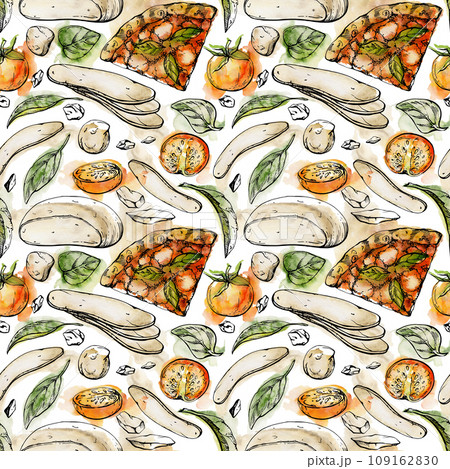 Hand drawn watercolor ink illustration. Margherita pizza slice with toppings, Italian cuisine meal. Seamless pattern isolated on white. Design restaurant menu, cafe, food shop or package, flyer print. Hand drawn watercolor ink illustration. Margherita pizza slice with toppings, Italian cuisine meal. Seamless pattern isolated on white. Design restaurant menu, cafe, food shop or package, flyer print. 109162830