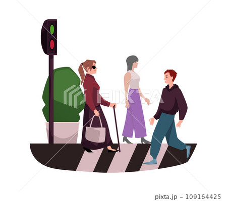 Blind woman crossing the road in the city. 109164425