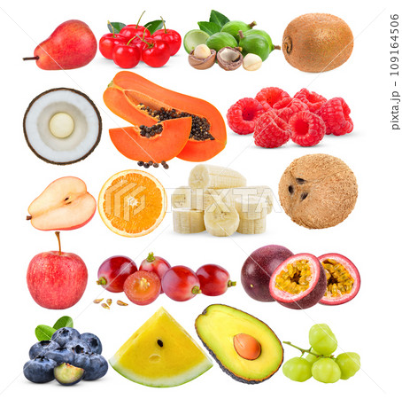 pear; Barbados cherry; coconut; macadamia; papaya; kiwi; raspberry; banana; orange; pear; apple; grape; passion fruits; Blueberries; watermelon; Avocado, star gooseberry on white background 109164506