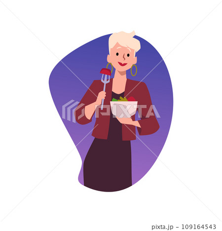 Healthy eating, pretty woman eats salad from fresh vegetables, vegan diet, natural vitamin nutrition vector illustration 109164543