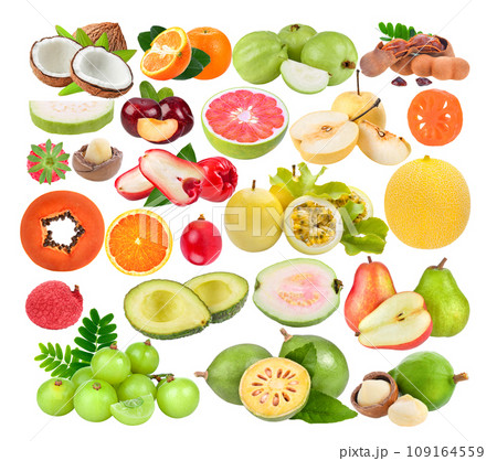 coconut; orange; guava; red cherry plum; Tamarind; pear; Strawberry; rose apple; grapefruit; Bael; passion fruits; melon; papaya; Macadamia; Indian gooseberry; avocado; grape; lychee on white 109164559