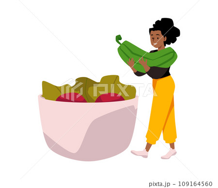 Smiling woman put huge vegetables in bowl flat style 109164560