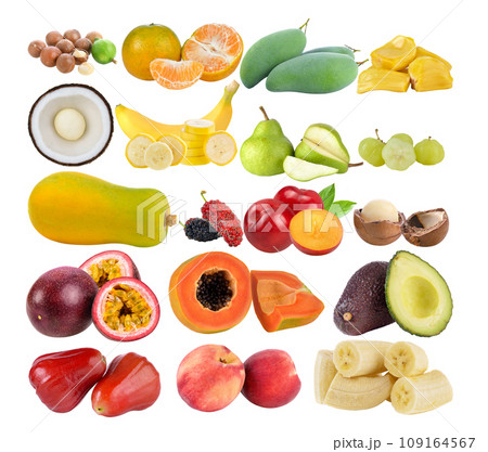 macadamia; coconut; banana; pear; mango; orange; star gooseberry; papaya; Mulberry; jack fruit; Plum; Macadamia; passion fruits; rose apple; avocado; peach on white background macadamia; coconut; banana; pear; mango; orange; star gooseberry; papaya; Mulberry; jack fruit; Plum; Macadamia; passion fruits; rose apple; avocado; peach on white background 109164567