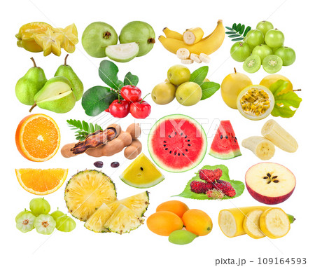 star apple; guava; banana; Indian gooseberries; pear; Barbados cherry; olives; orange; passion fruit; Tamarind; watermelon; pineapple; Mulberry; apple; star gooseberry; marian plum on white background star apple; guava; banana; Indian gooseberries; pear; Barbados cherry; olives; orange; passion fruit; Tamarind; watermelon; pineapple; Mulberry; apple; star gooseberry; marian plum on white background 109164593
