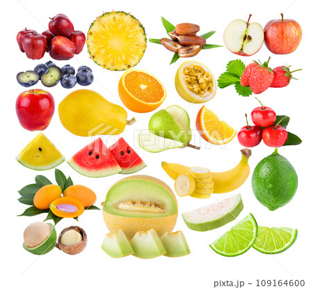 apple; pineapple; blueberry; date palm; papaya; Strawberry; Barbados cherry; passion fruit; orange; pear; watermelon; banana; marian plum; macadamia; lime, guava on white background apple; pineapple; blueberry; date palm; papaya; Strawberry; Barbados cherry; passion fruit; orange; pear; watermelon; banana; marian plum; macadamia; lime, guava on white background 109164600