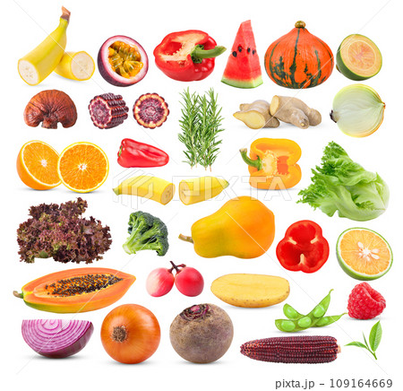 banana; Passion fruit; Lingzhi Mushroom; corn; orange; pepper; rosemary; watermelon; pumpkin; ginger; onion; lettuce; broccoli; papaya; areca; acidless; carissa; potato; soy; onion; raspberry on white banana; Passion fruit; Lingzhi Mushroom; corn; orange; pepper; rosemary; watermelon; pumpkin; ginger; onion; lettuce; broccoli; papaya; areca; acidless; carissa; potato; soy; onion; raspberry on white 109164669