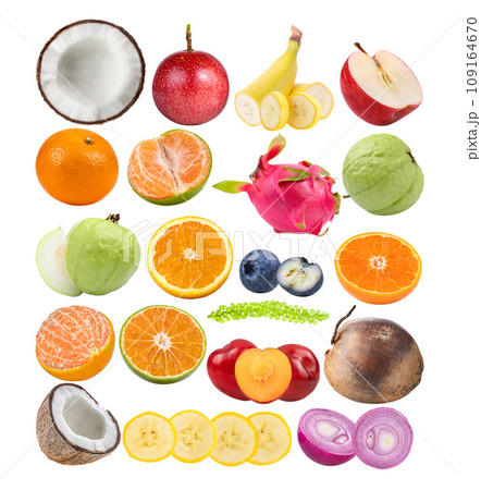 coconut; Passion fruit; orange; orange tangerine; guava; banana; apple; onion; coconut; plum; Sea grapes, bluberry on white background coconut; Passion fruit; orange; orange tangerine; guava; banana; apple; onion; coconut; plum; Sea grapes, bluberry on white background 109164670