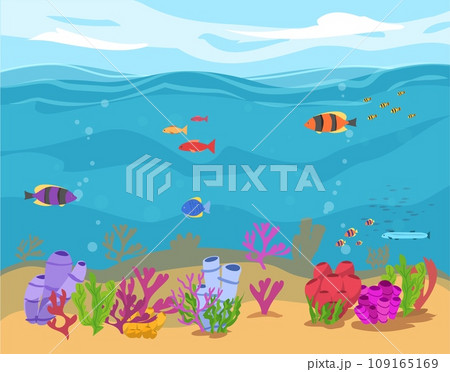 Banner with ocean and undersea background design, flat vector illustration. Banner with ocean and undersea background design, flat vector illustration. 109165169