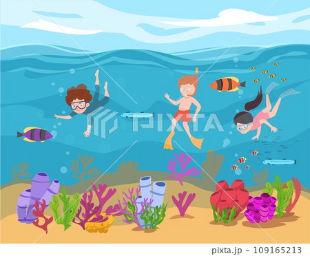 Snorkeling activity, vector children in diving mask swimming in sea observing fauna of coral reef, marine adventures Snorkeling activity, vector children in diving mask swimming in sea observing fauna of coral reef, marine adventures 109165213
