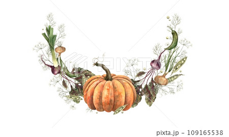 Watercolor wreath of vegetables: pumpkin, radish, tomato, eggplant, tomato, peas, dill, carrots, onions, potatoes. Hand drawn composition on white background, suitable for design, menus, cookbooks 109165538