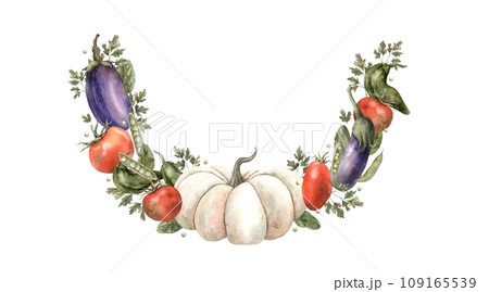 Watercolor wreath of vegetables: pumpkin, radish, tomato, eggplant, tomato, peas, dill, carrots, onions, potatoes. Hand drawn composition on white background, suitable for design, menus, cookbooks, 109165539