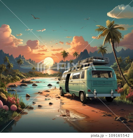 Retro minibus stands on the seashore on sunset, traveling on wheels 109165542