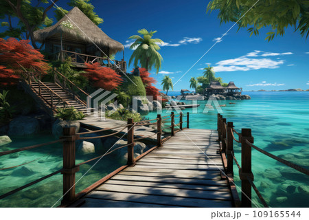 Tropical landscape with palm trees, sea or ocean, bungalows and a suspended cable car to it 109165544