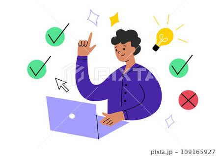 Student passing online exam, hand drawn composition with laptop, cartoon man or woman having an idea, choosing right answers in examination, vector illustration of test interface, online education, Student passing online exam, hand drawn composition with laptop, cartoon man or woman having an idea, choosing right answers in examination, vector illustration of test interface, online education, 109165927
