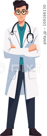 The doctor is standing confidently with crossed arms. Flat Style Cartoon Illustration. 109166130