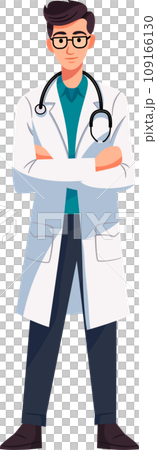 The doctor is standing confidently with crossed arms. Flat Style Cartoon Illustration. 109166130