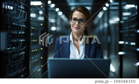 Woman Actively Working in Data Center Woman Actively Working in Data Center 109166350