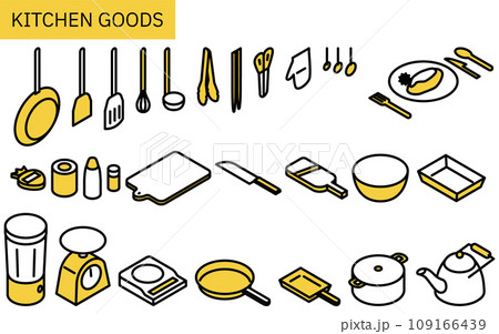キッチン用品の線画イラスト、シンプルなアイソメトリック 109166439