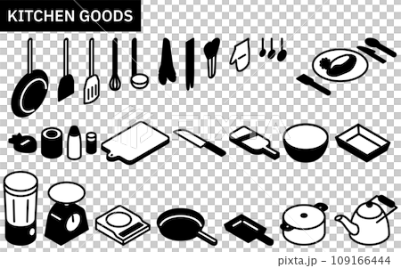 廚房用具的線條畫插圖，簡單等距 109166444