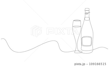 Champagne bottle and glass single continuous line drawing. Cheers toast one line art. Contour festive decoration for holidays, Valentines Day or New Year design. Champagne bottle and glass single continuous line drawing. Cheers toast one line art. Contour festive decoration for holidays, Valentines Day or New Year design. 109166515