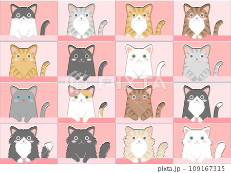 猫_手をちょこんと窓枠に垂らした色々な柄のニャンコ_背景ピンク系 109167315