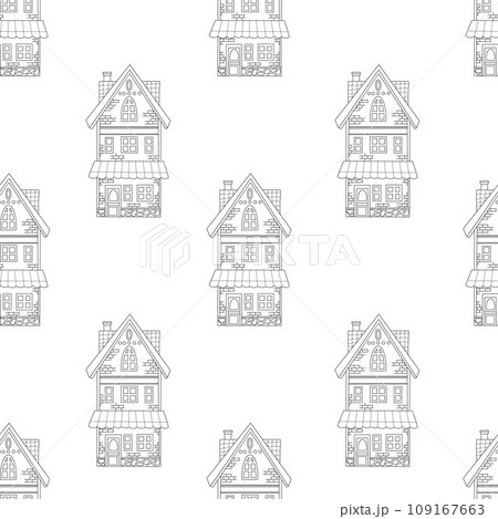 Seamless pattern with beautiful stone house doodle on white background. Vector illustration. Hand outline drawing. Seamless pattern with beautiful stone house doodle on white background. Vector illustration. Hand outline drawing. 109167663