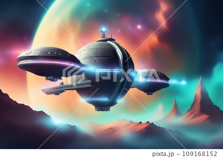 Alien spaceship flying in the sky. 3d illustration. Generative AI 109168152