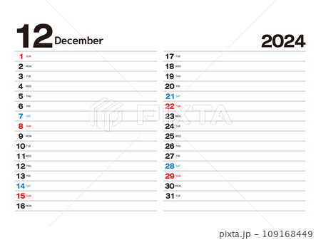 予定が書込みできる2024年のスケジュールカレンダー_12月 予定が書込みできる2024年のスケジュールカレンダー_12月 109168449