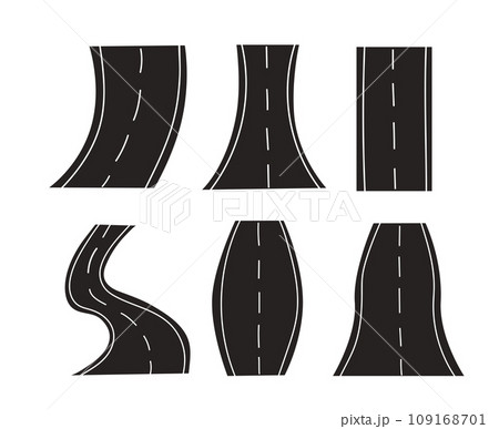 Set of bending roads and highways isolated on white background. Logo, icon, sticker, sign path way. Vector flat illustration. 109168701