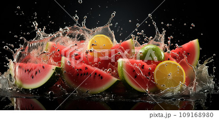 Explosion of Freshness: Watermelon and Citrus Fruit Splashes in Water. AI generation Explosion of Freshness: Watermelon and Citrus Fruit Splashes in Water. AI generation 109168980