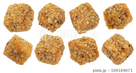 Deep fried breaded tofu cubes isolated on white background Deep fried breaded tofu cubes isolated on white background 109169071