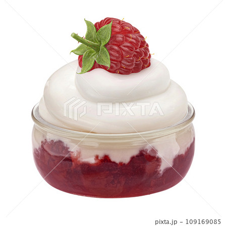 Glass jar of yogurt with raspberry jam isolated on white background 109169085