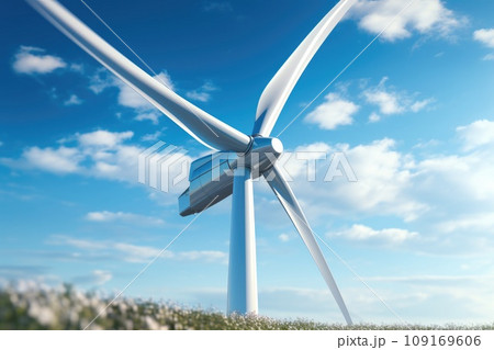 Elegant Wind Turbine Spinning with Grace Against Clear Blue Sky in Renewable Energy Farm Elegant Wind Turbine Spinning with Grace Against Clear Blue Sky in Renewable Energy Farm 109169606