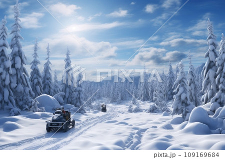 Discover the Beauty of Winter Nature: Exciting Snowmobiling Expedition in Snowy Forests Discover the Beauty of Winter Nature: Exciting Snowmobiling Expedition in Snowy Forests 109169684