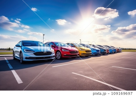 Numerous Electric Cars Parked in a Spacious Parking Area, Emphasizing Sustainable Mobility 109169697