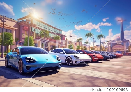 Electric Vehicles Arrayed in a Parking Lot, Promoting Sustainable Transportation Choices 109169698