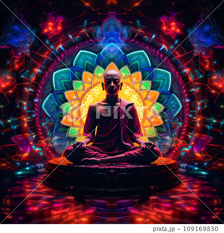 Buddhist Monk Sitting in the Lotus Position on the Background of the Mandala Buddhist Monk Sitting in the Lotus Position on the Background of the Mandala 109169830