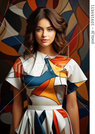 Elegant model in geometric dress. AI generation Elegant model in geometric dress. AI generation 109169831