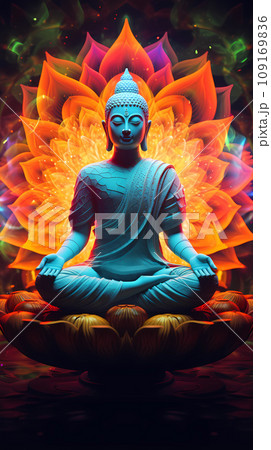 Buddha Sitting in the Lotus Position on the Background of the Mandala Buddha Sitting in the Lotus Position on the Background of the Mandala 109169836