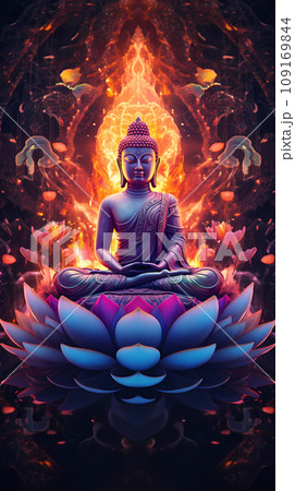 Buddha Sitting in the Lotus Position on the Background of the Mandala 109169844