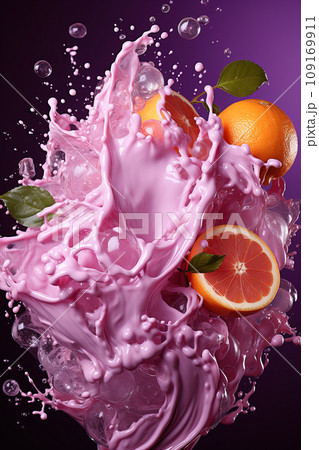 Citrus Burst with Pink Liquid Splash and Ice Cubes. AI generation Citrus Burst with Pink Liquid Splash and Ice Cubes. AI generation 109169911