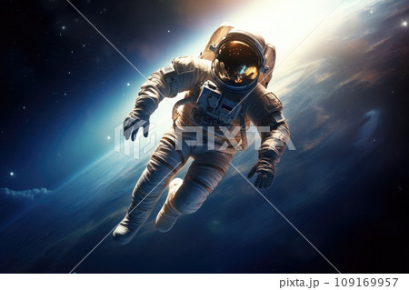 Breathtaking image of an astronaut conducting a spacewalk in outer space 109169957