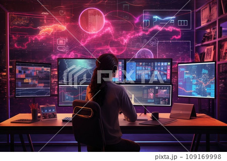 Modern female analyst examining big data on multiple screens in a professional work environment 109169998