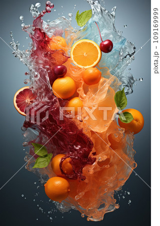Orchestrated Citrus Splash: Artful Symphony of Fruits and Fluid Colors. AI generation 109169999