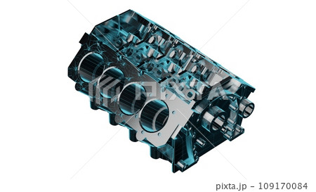 Close up detailed fully textured 3D render over white background of vehicle motor block assembled with cylinders casings, cranks, coolant passages and other engineering parts Close up detailed fully textured 3D render over white background of vehicle motor block assembled with cylinders casings, cranks, coolant passages and other engineering parts 109170084