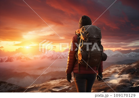 Fearless adventurers exultation upon reaching the breathtaking summit of a majestic mountain 109170129