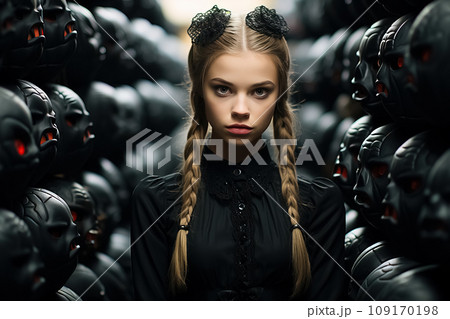 Image with a girl surrounded by dark figures with red eyes. AI generation Image with a girl surrounded by dark figures with red eyes. AI generation 109170198
