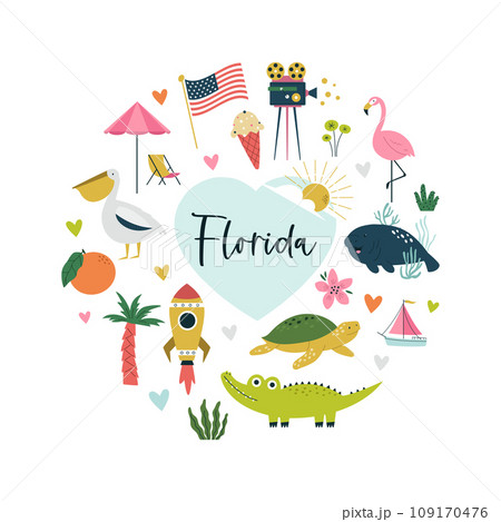 Colorful composition, circle design with famous symbols, animals of Florida state, USA. Colorful composition, circle design with famous symbols, animals of Florida state, USA. 109170476